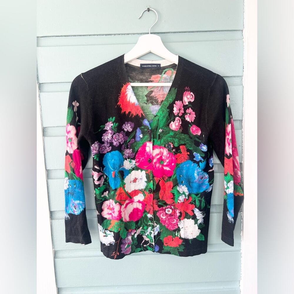 Samantha Sung silk cashmere v neck cardigan black floral print fall moody office